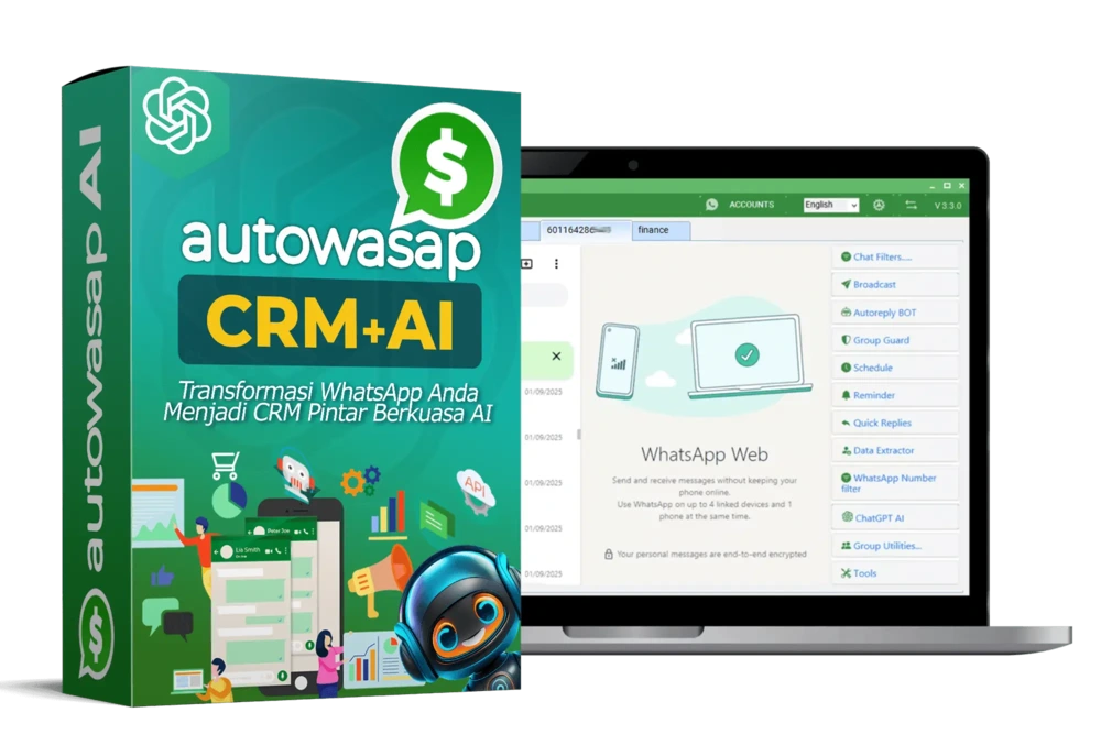 Antaramuka AutoWasap AI CRM dengan fungsi tag dan automasi