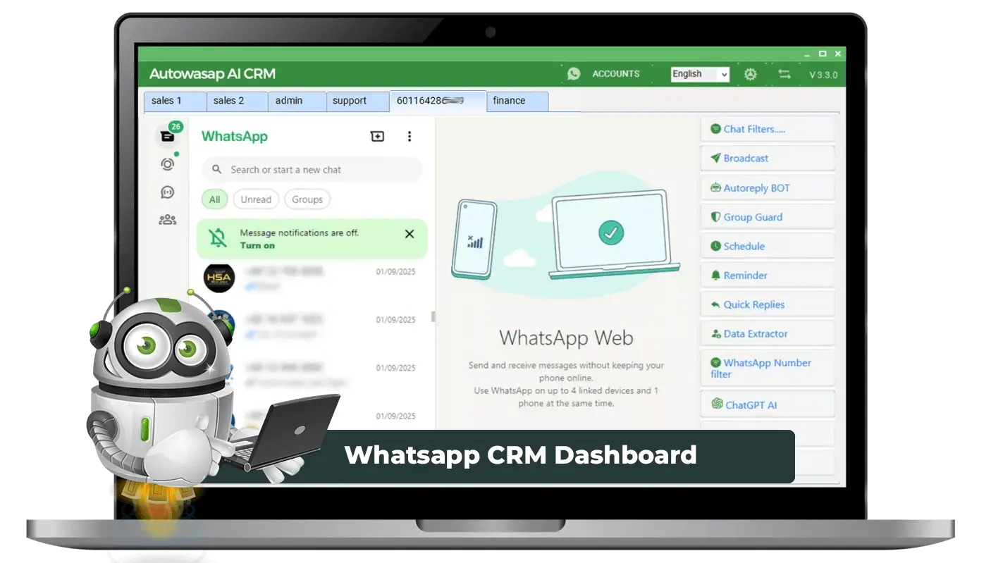 AutoWasap AI CRM untuk Multi-Akaun WhatsApp Autowasap AI CRM Multi-Whatsapp Account : CRM Dashboard