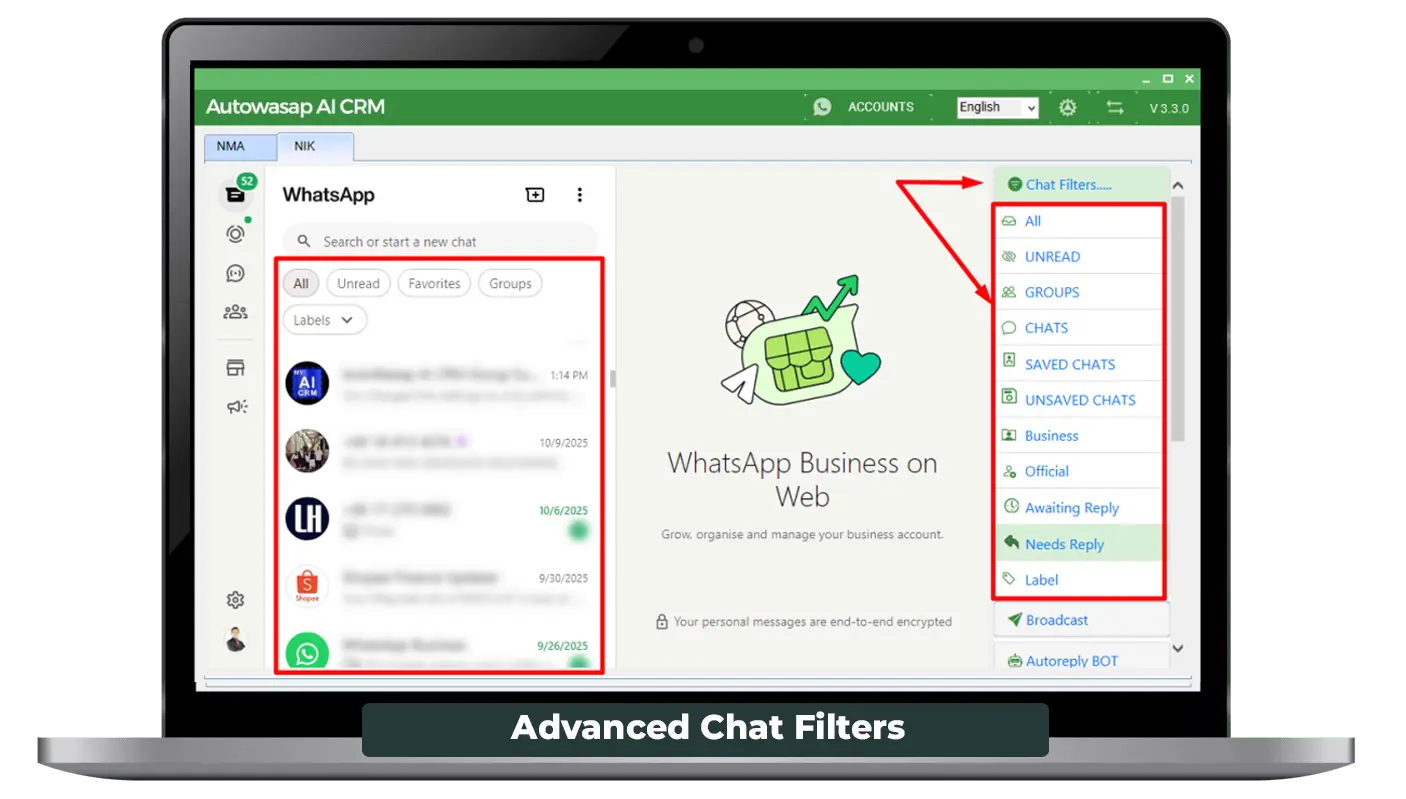 Autowasap AI CRM Multi-Whatsapp Account : Advanced Chat Filter